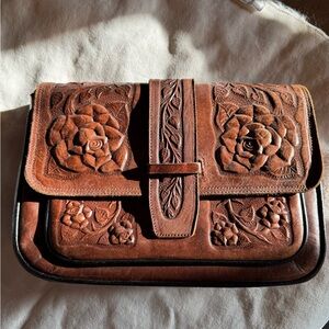 Vintage Tooled Leather Brown Leather Floral Embossed Bag (handcrafted in Mexico)